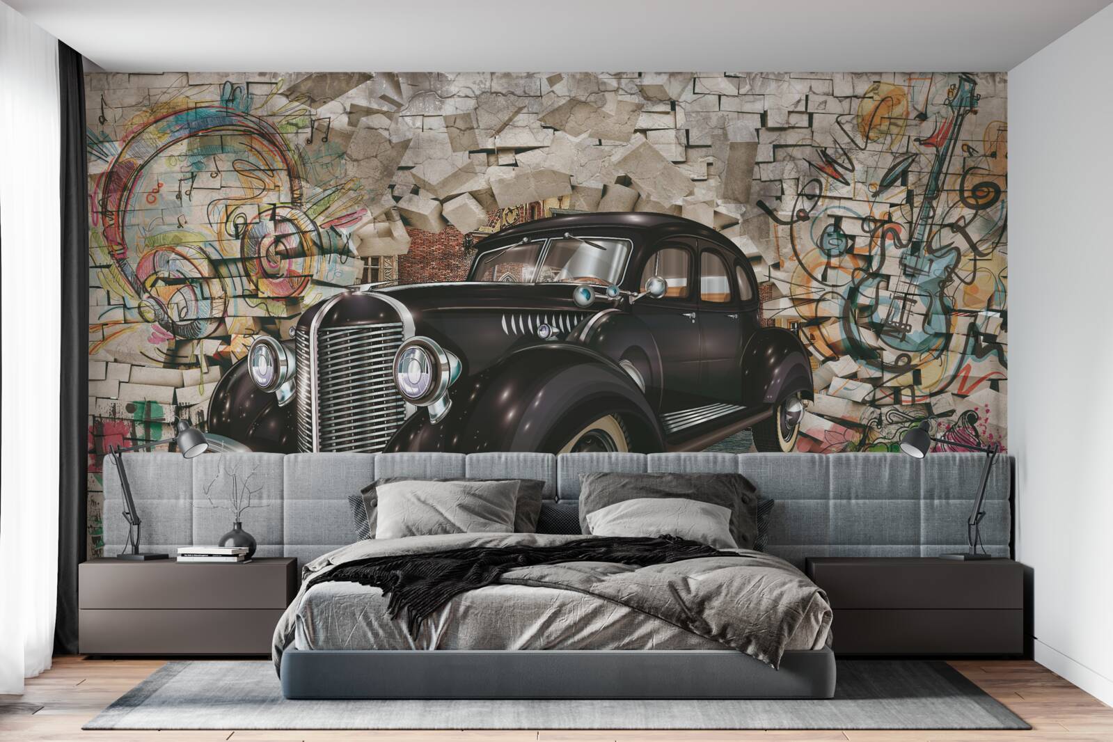 Papier peint voiture noire vintage sur le mur