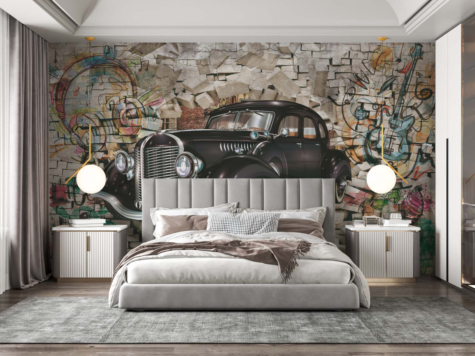 Papier peint voiture noire vintage sur le mur