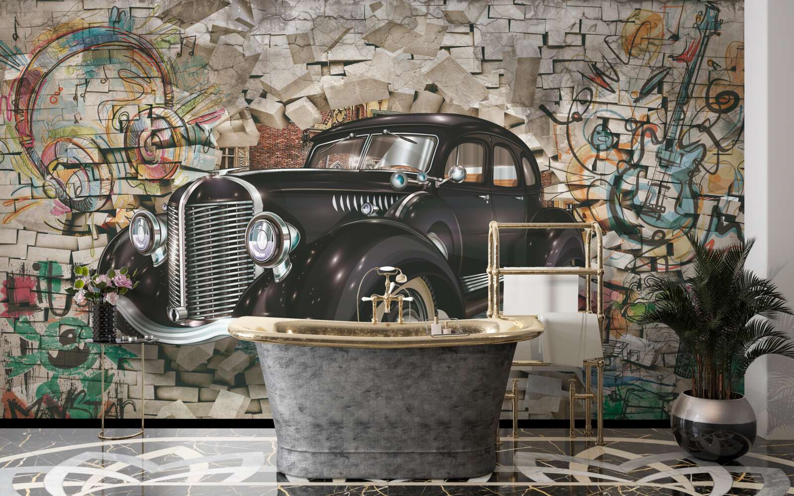 Papier peint voiture noire vintage sur le mur
