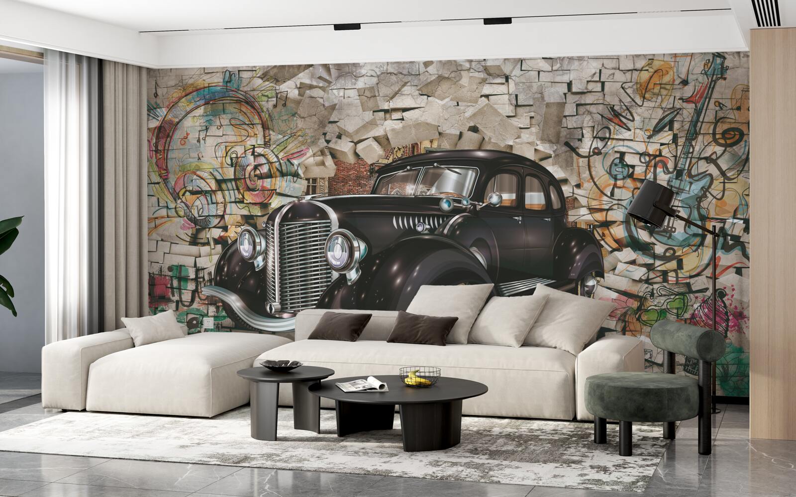 Papier peint voiture noire vintage sur le mur