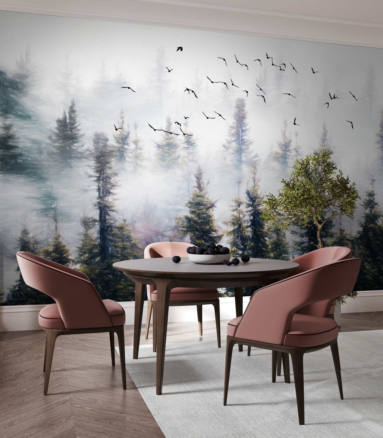 Papier peint Les résidents à plumes planent au-dessus d'une mystérieuse forêt de pins entourée de brume.