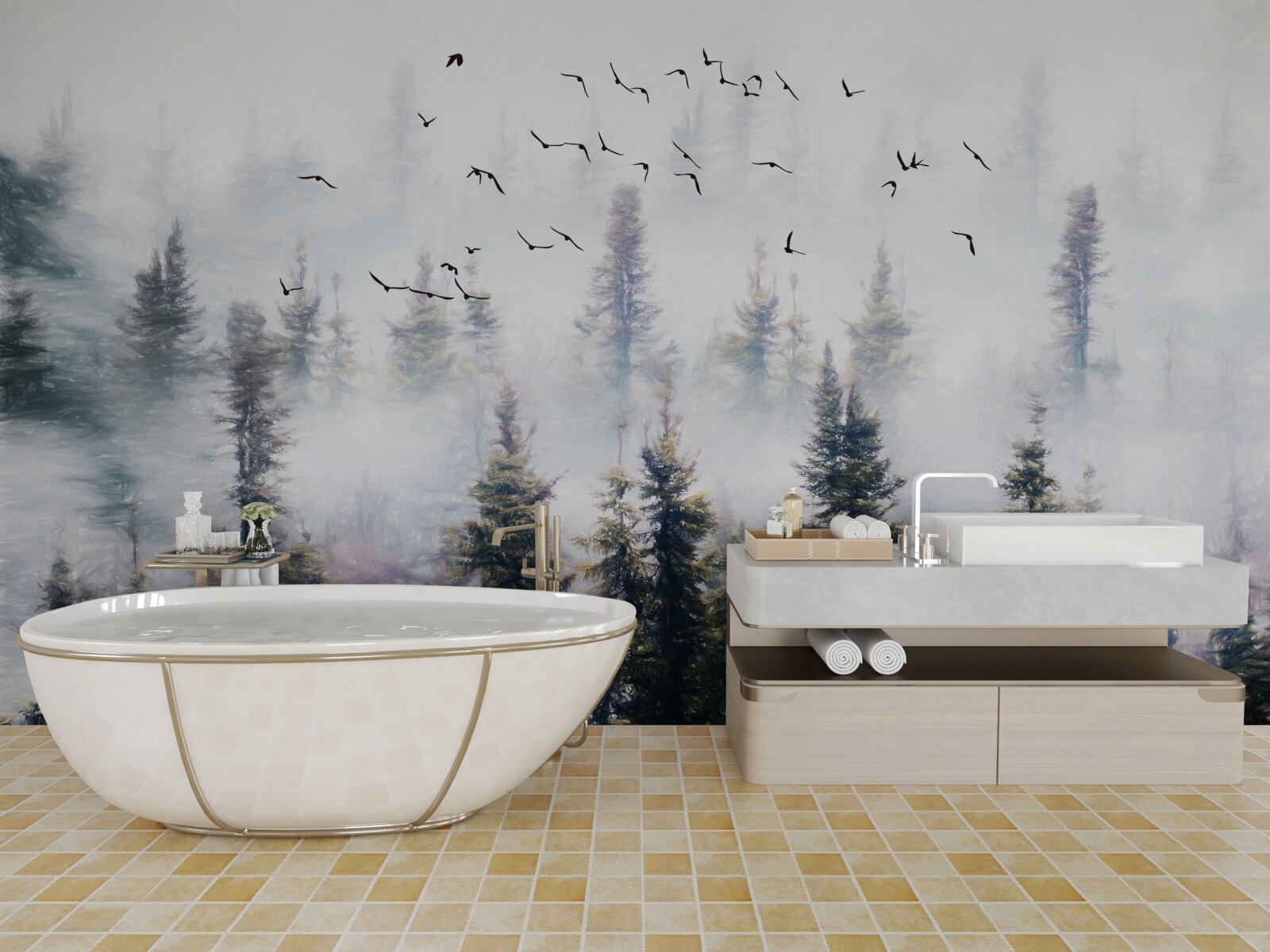 Papier peint Les résidents à plumes planent au-dessus d'une mystérieuse forêt de pins entourée de brume.