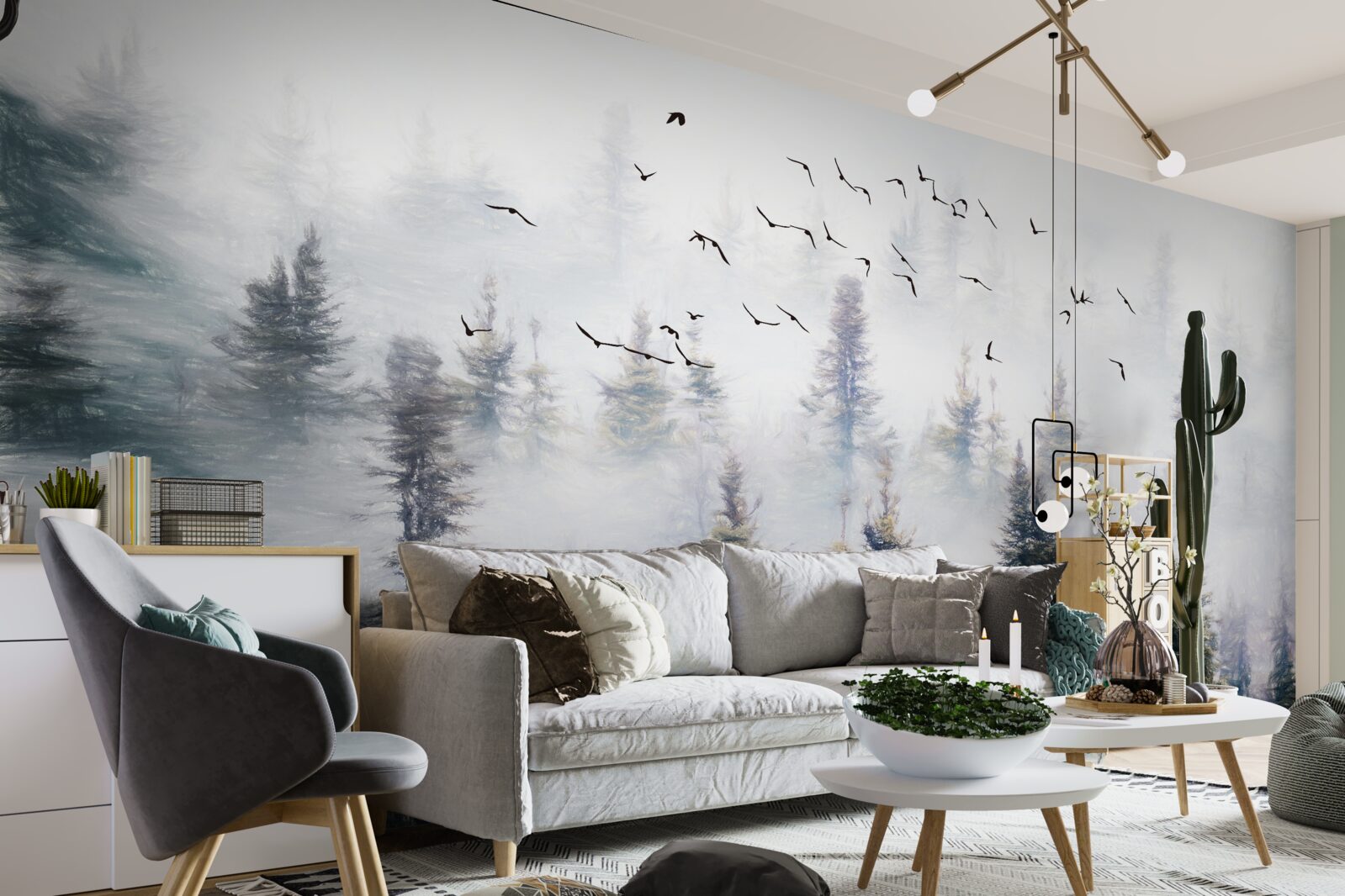Papier peint Les résidents à plumes planent au-dessus d'une mystérieuse forêt de pins entourée de brume.