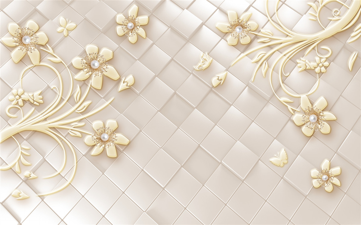 Papier peint fleurs et branches dorées sur fond de losanges géométriques