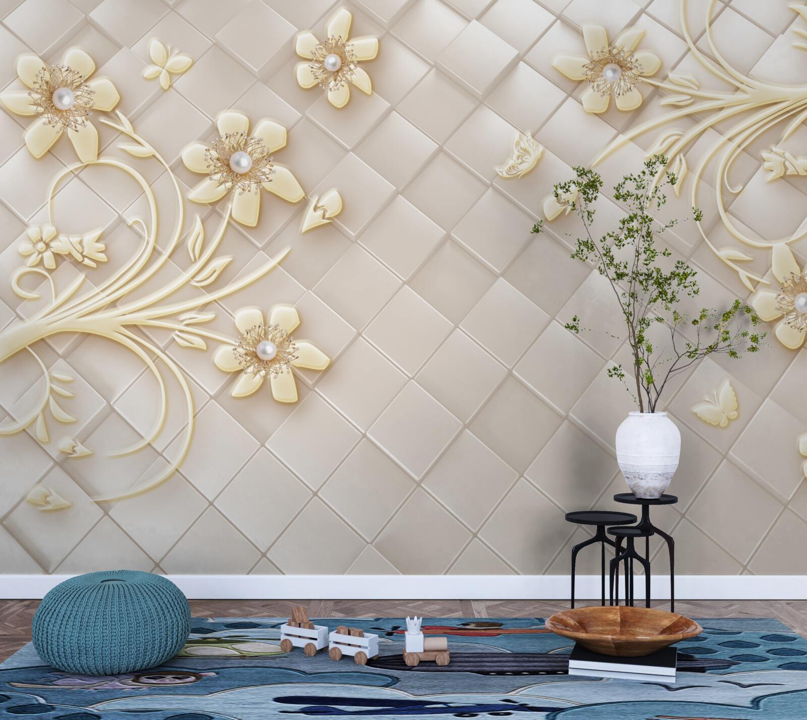 Papier peint fleurs et branches dorées sur fond de losanges géométriques