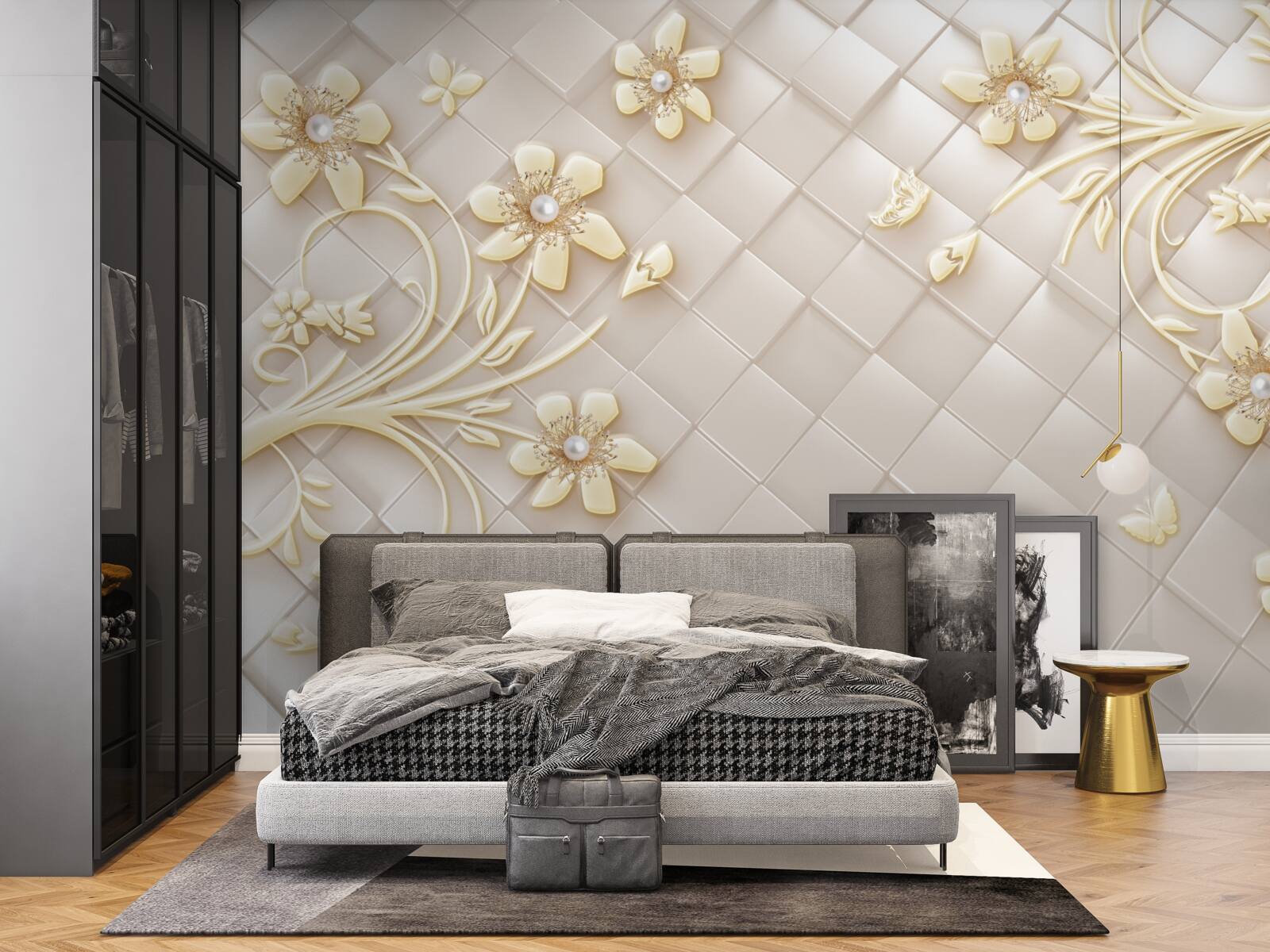 Papier peint fleurs et branches dorées sur fond de losanges géométriques