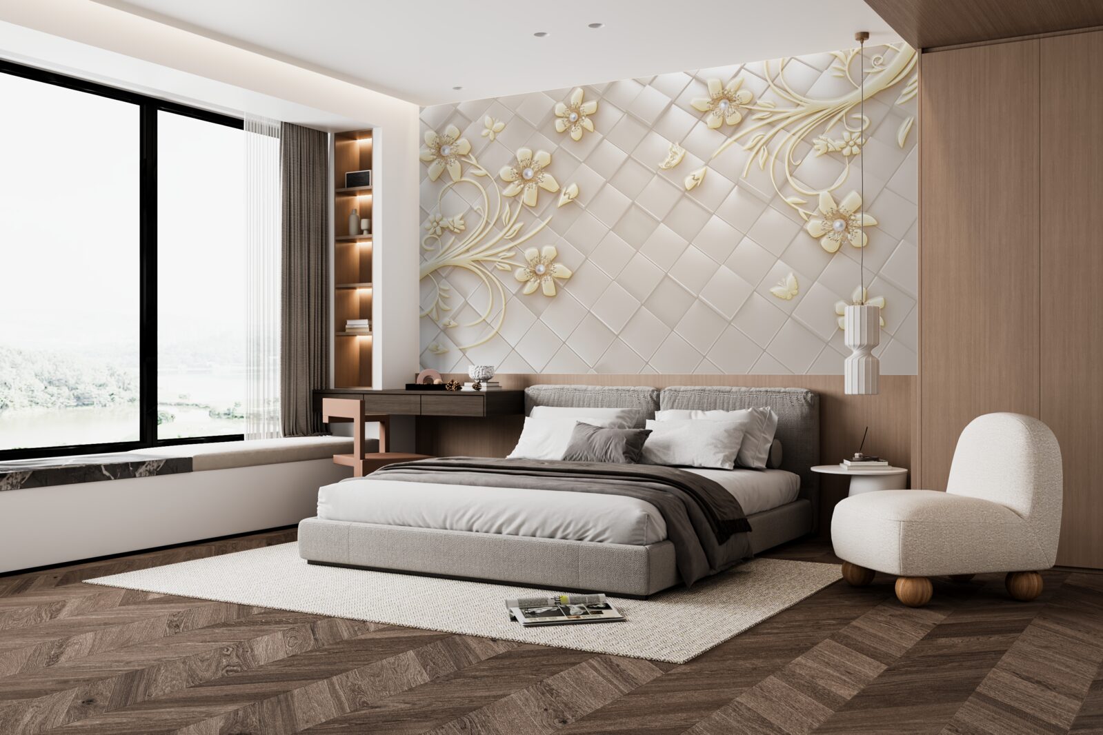 Papier peint fleurs et branches dorées sur fond de losanges géométriques