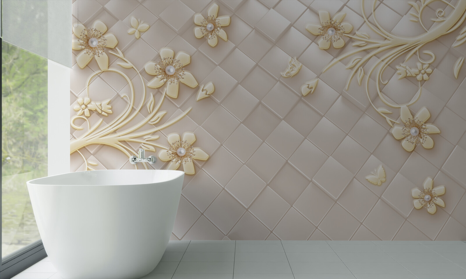 Papier peint fleurs et branches dorées sur fond de losanges géométriques