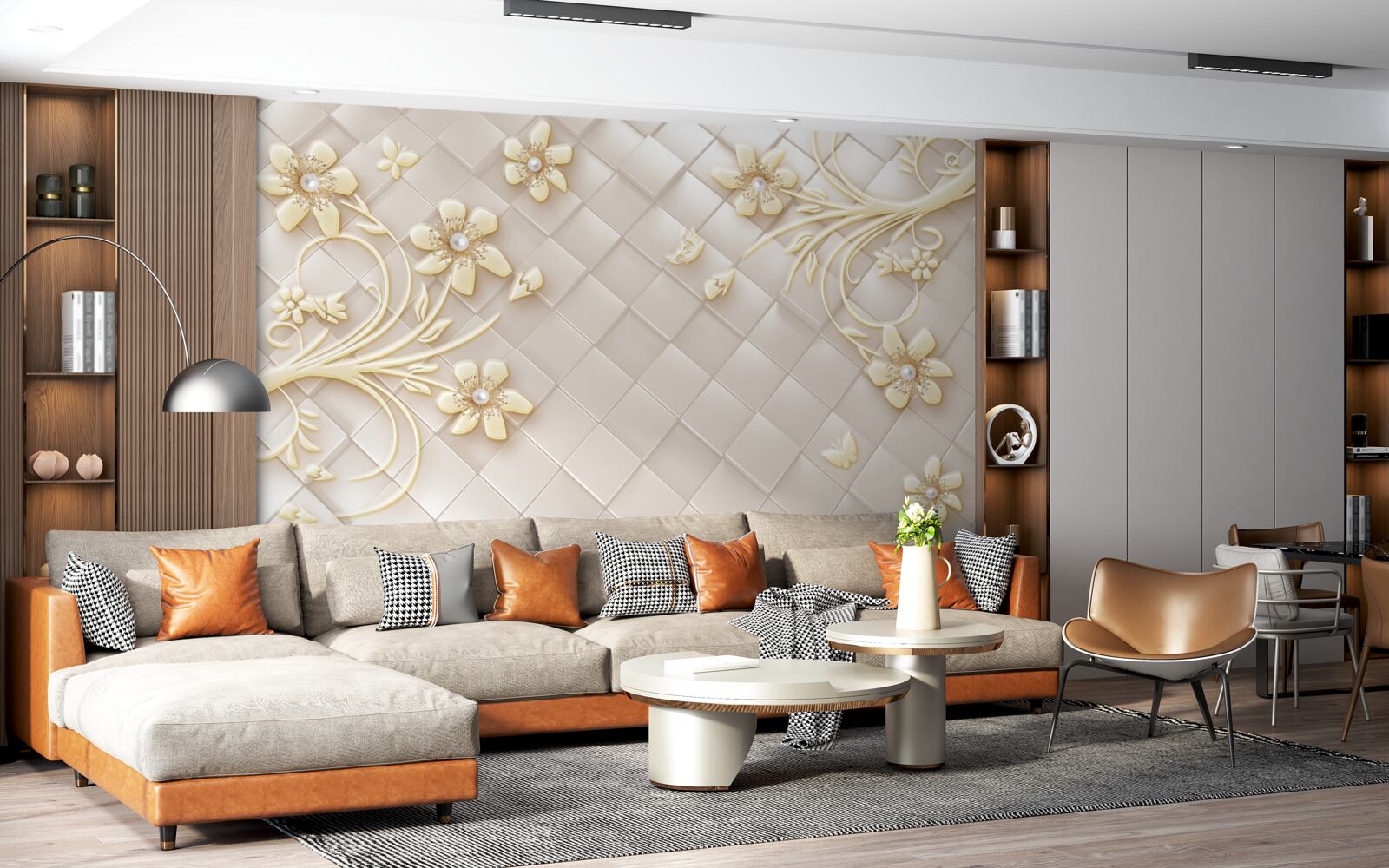 Papier peint fleurs et branches dorées sur fond de losanges géométriques