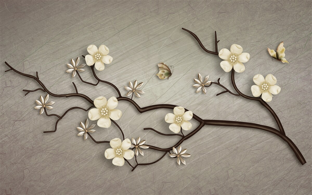 Papier peint branche de magnolia fleurissant de fleurs blanches
