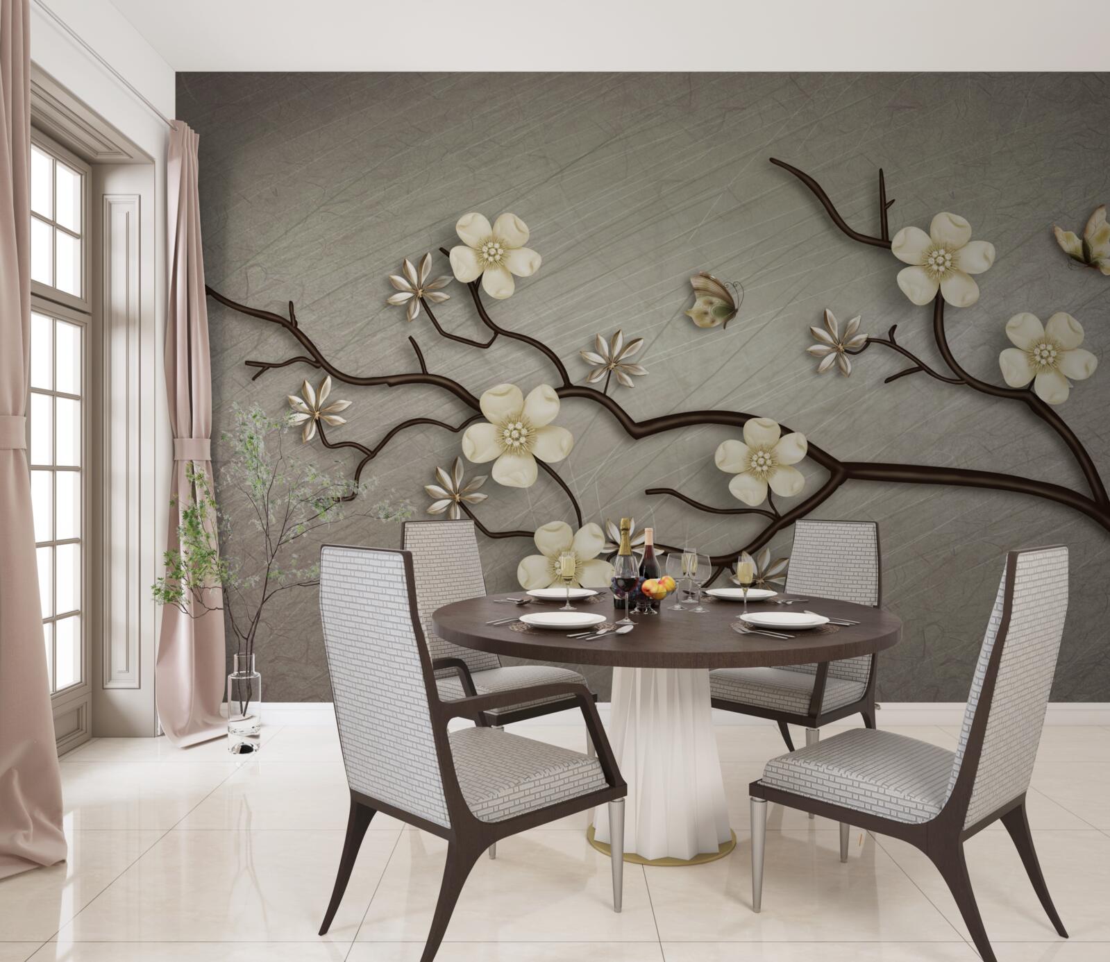 Papier peint branche de magnolia fleurissant de fleurs blanches