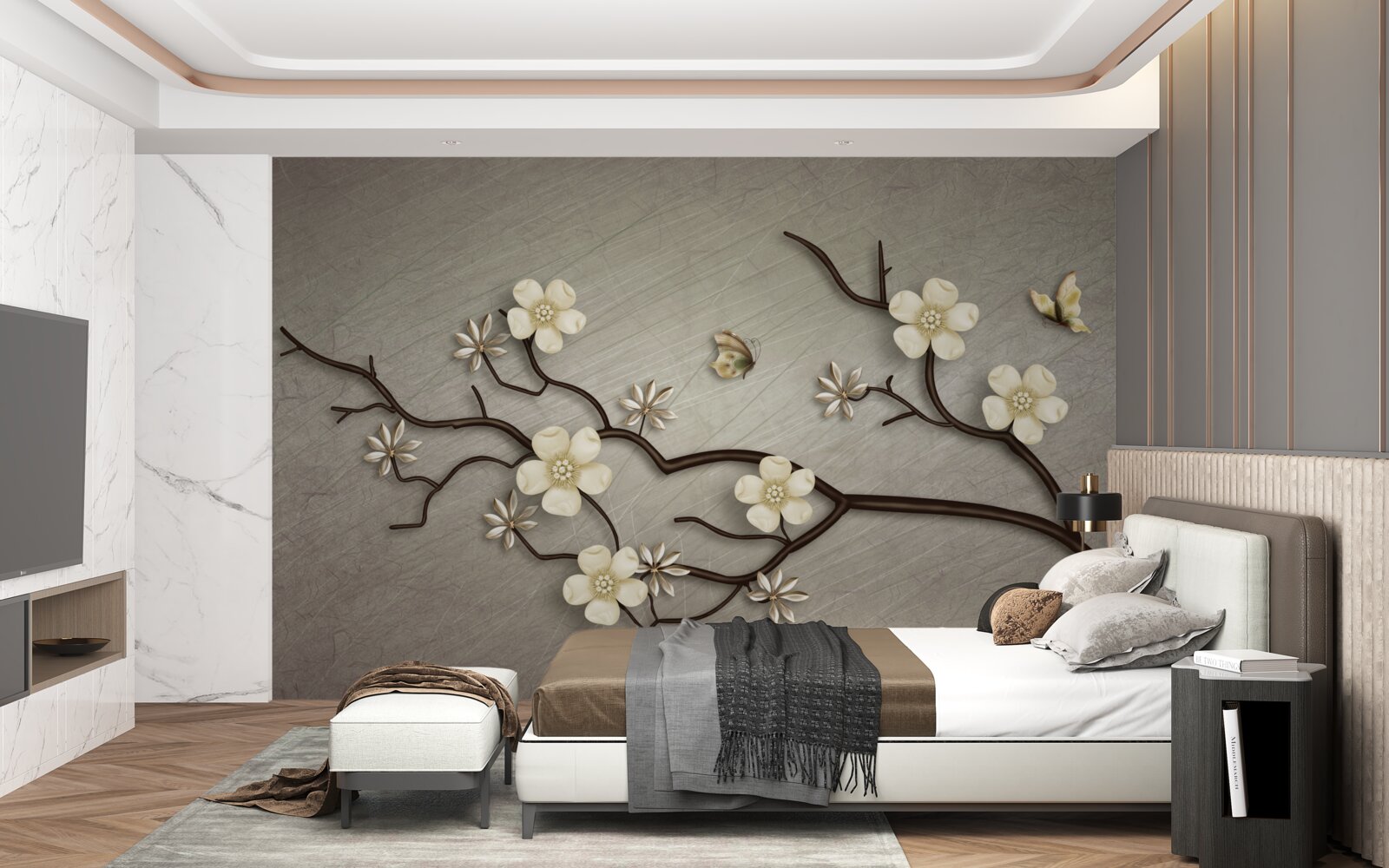 Papier peint branche de magnolia fleurissant de fleurs blanches