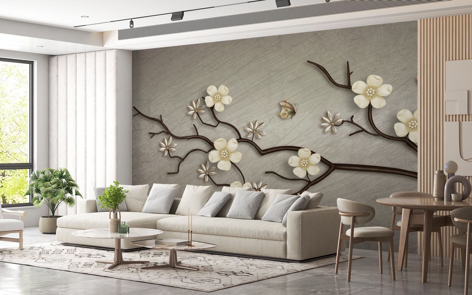 Papier peint branche de magnolia fleurissant de fleurs blanches