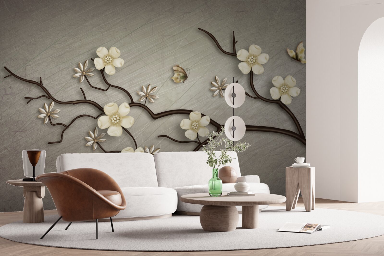 Papier peint branche de magnolia fleurissant de fleurs blanches