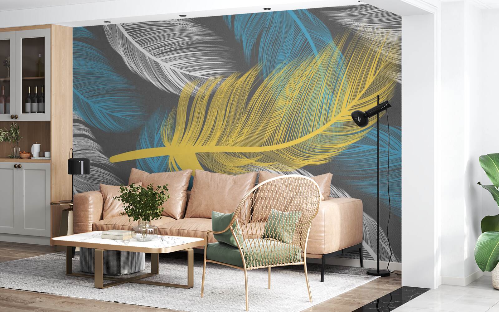 Papier peint au milieu du blanc et de la lumière, une plume d'or se détache