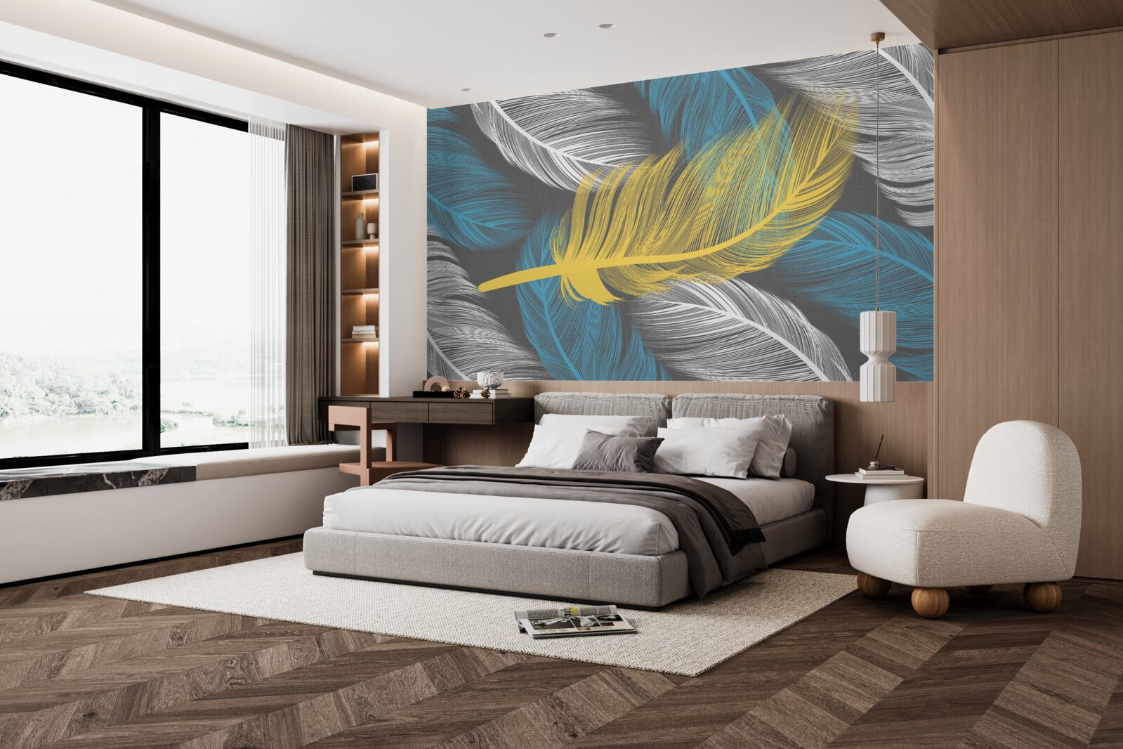 Papier peint au milieu du blanc et de la lumière, une plume d'or se détache