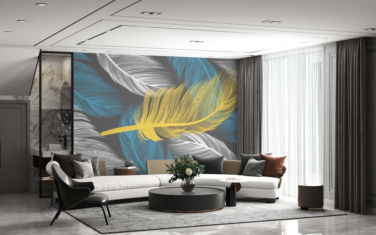 Papier peint au milieu du blanc et de la lumière, une plume d'or se détache