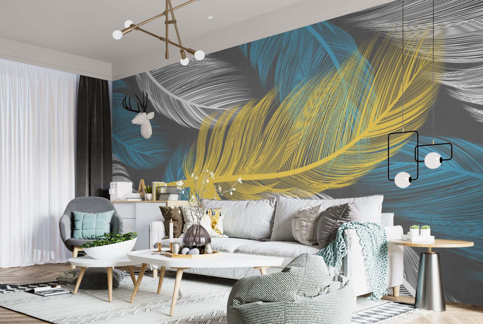 Papier peint au milieu du blanc et de la lumière, une plume d'or se détache