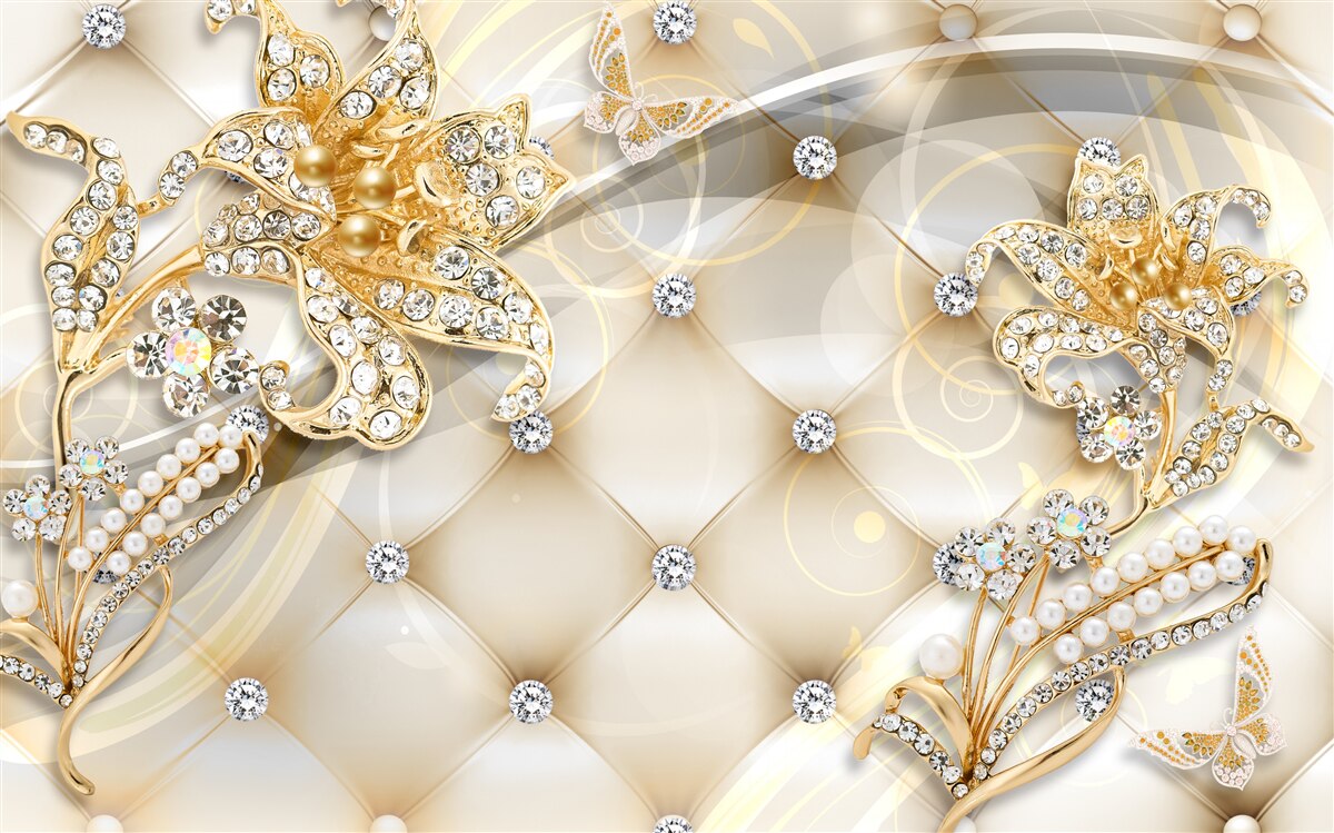 Papier peint ornements de fleurs en perles et or