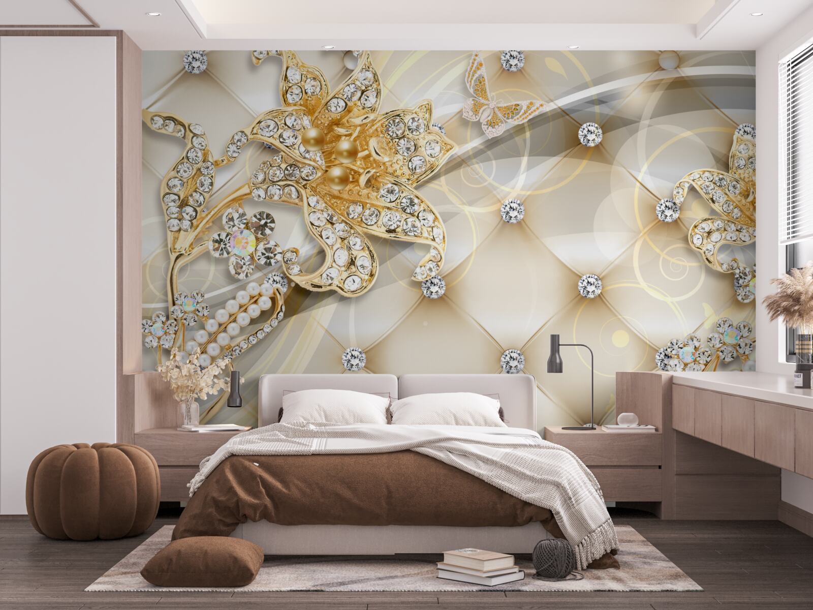 Papier peint ornements de fleurs en perles et or