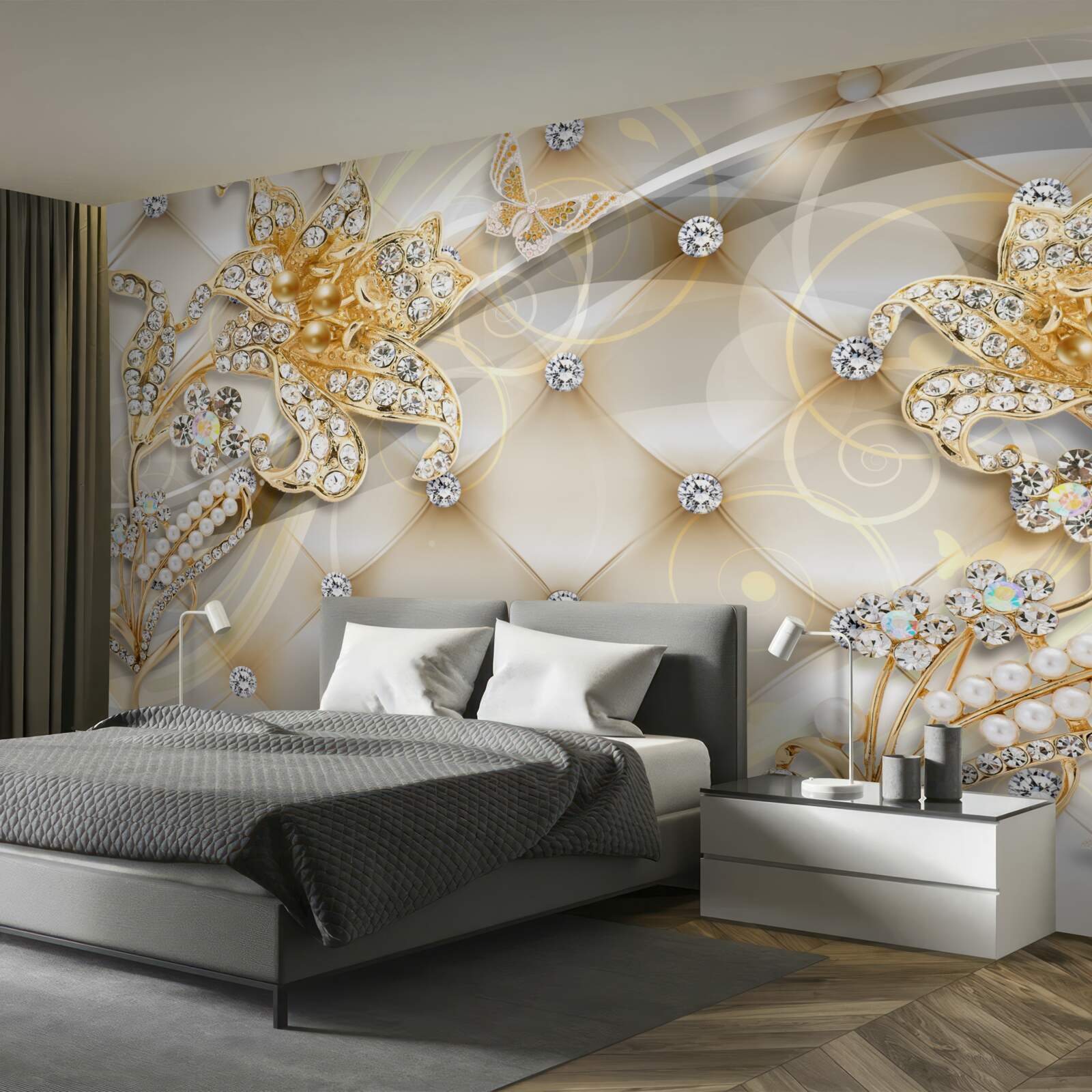 Papier peint ornements de fleurs en perles et or