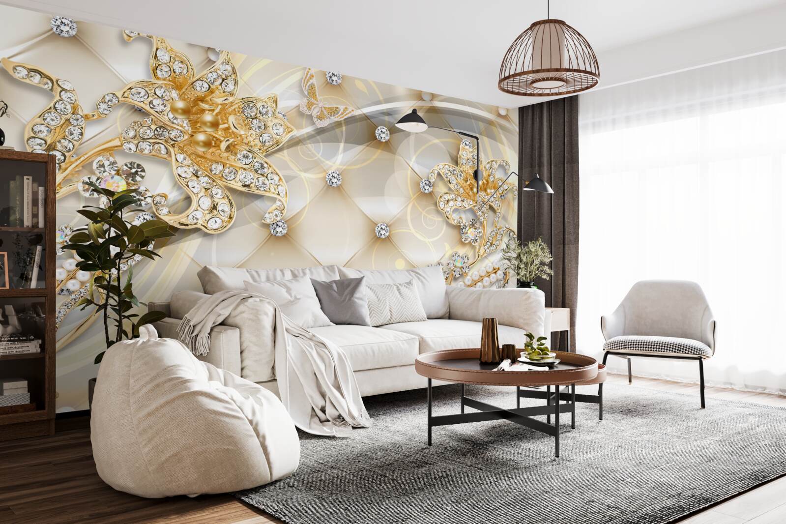 Papier peint ornements de fleurs en perles et or