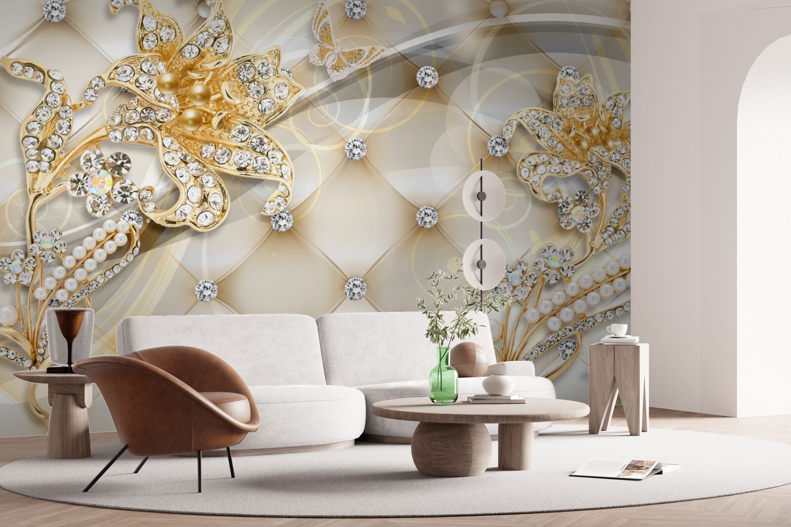 Papier peint ornements de fleurs en perles et or