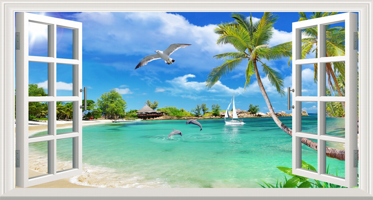 Papier peint des fenêtres offrant une vue imprenable sur la plage de sable et l'eau