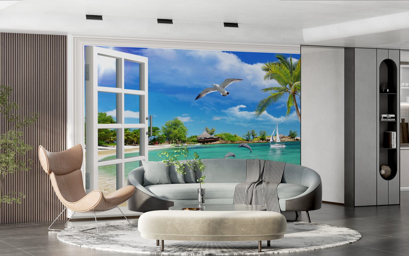 Papier peint des fenêtres offrant une vue imprenable sur la plage de sable et l'eau