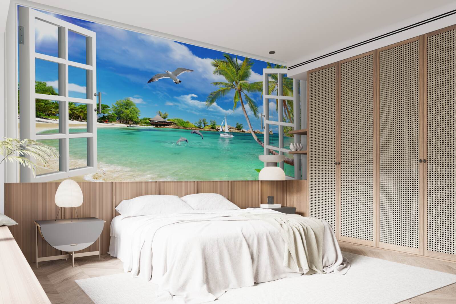 Papier peint des fenêtres offrant une vue imprenable sur la plage de sable et l'eau