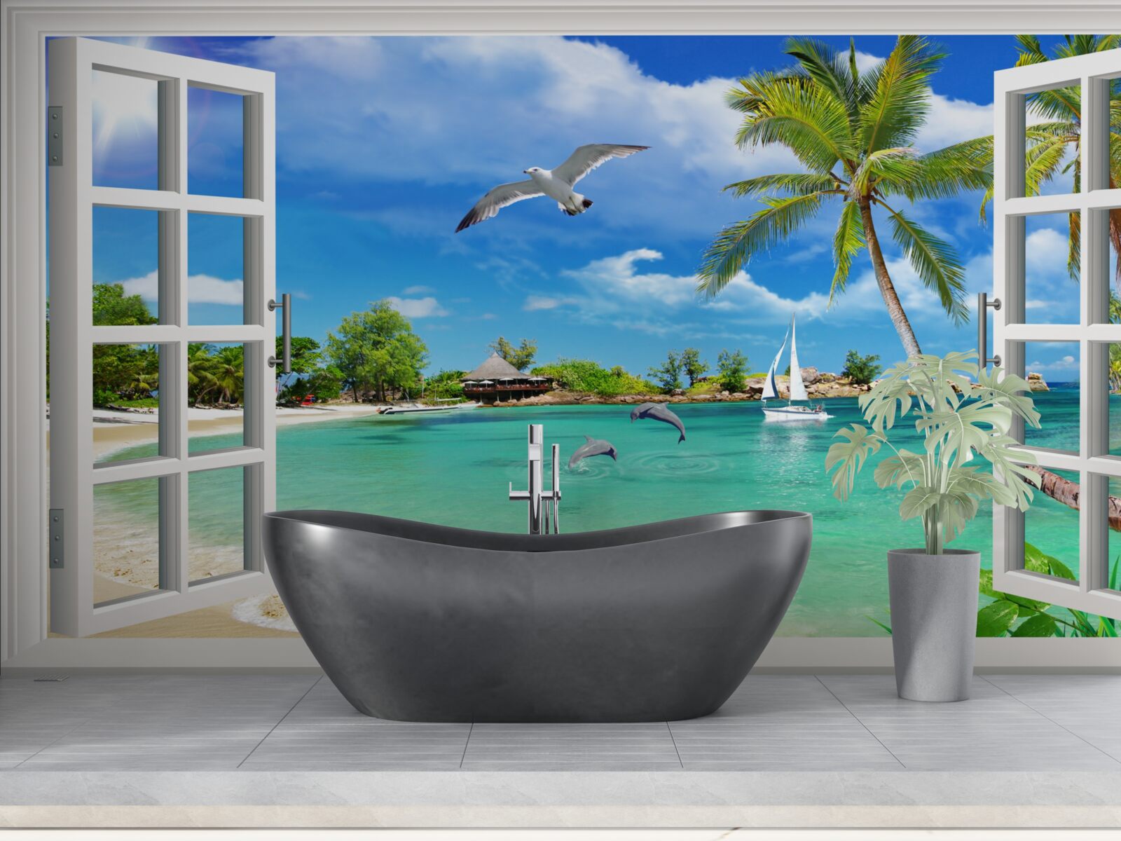 Papier peint des fenêtres offrant une vue imprenable sur la plage de sable et l'eau