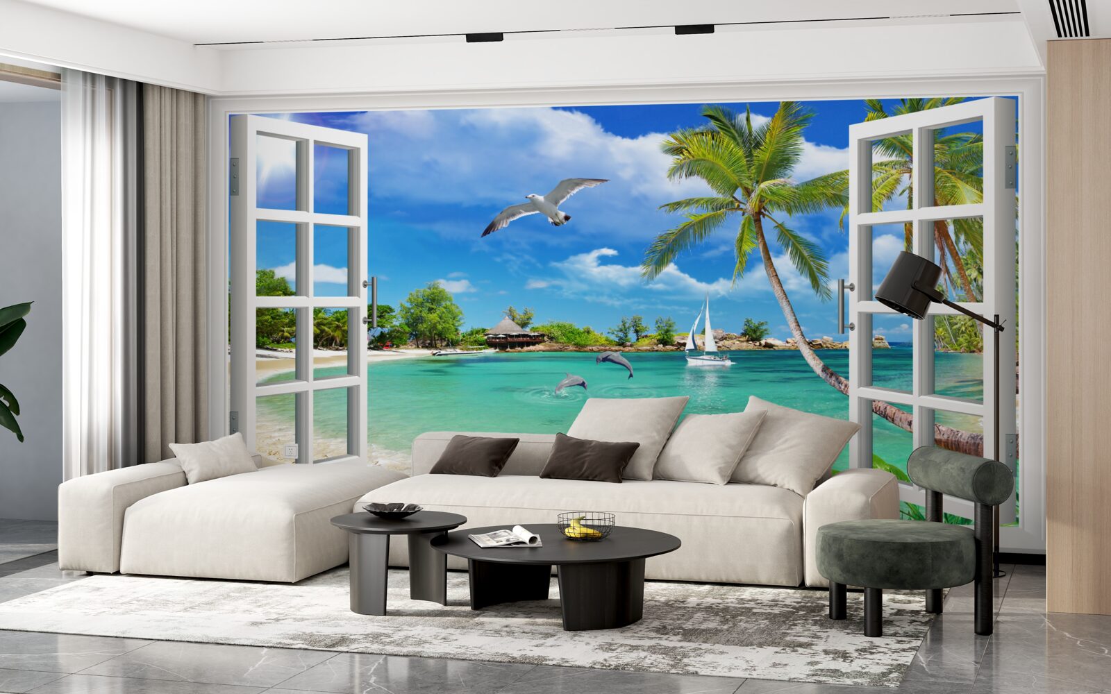 Papier peint des fenêtres offrant une vue imprenable sur la plage de sable et l'eau