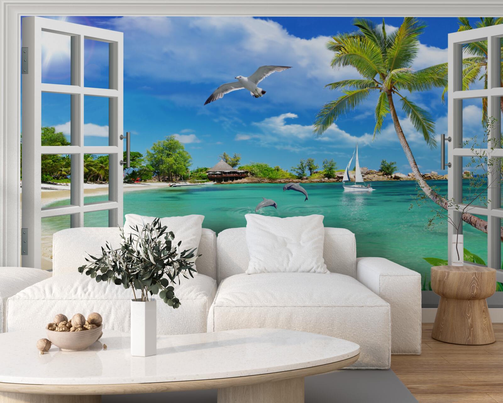 Papier peint des fenêtres offrant une vue imprenable sur la plage de sable et l'eau