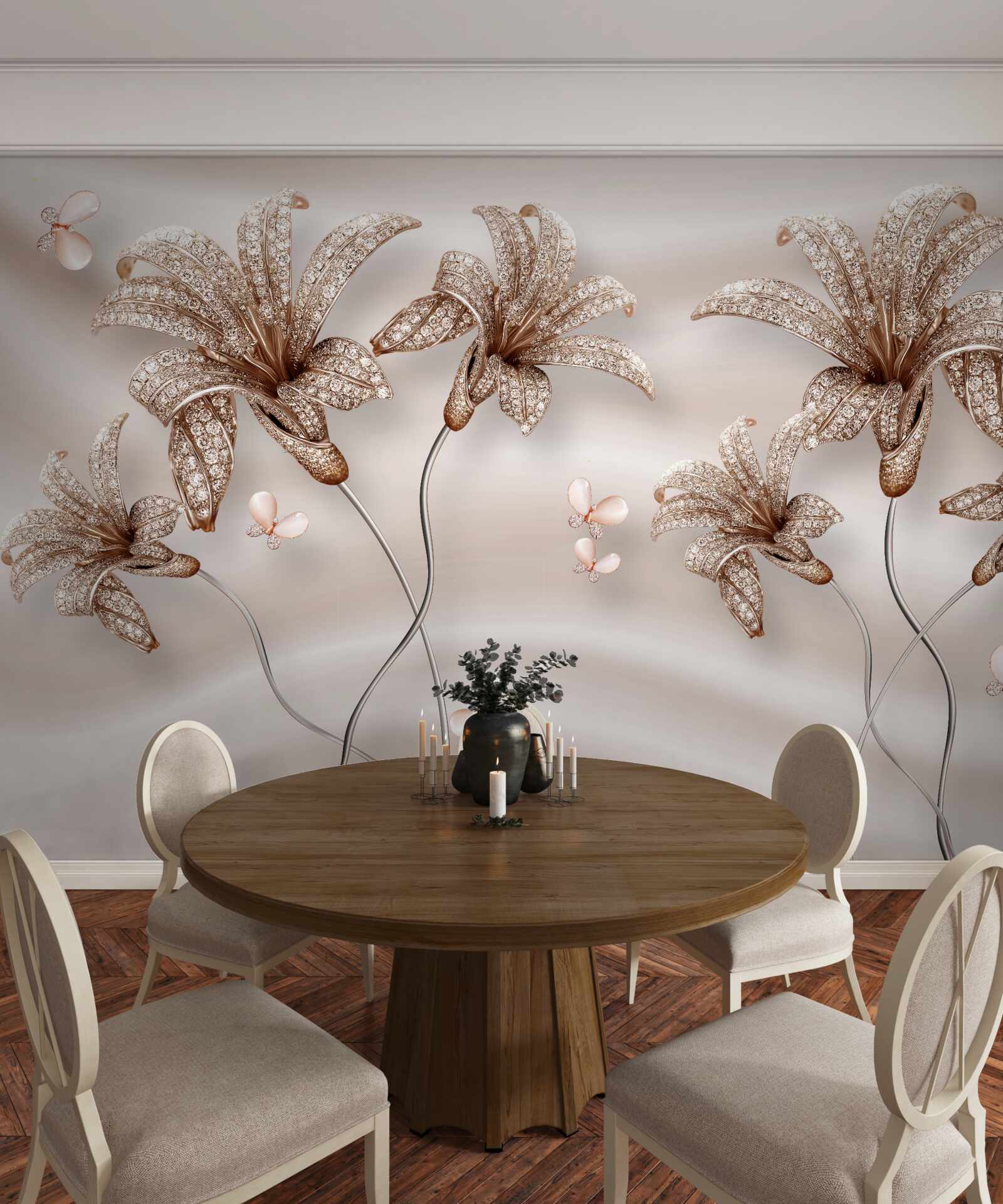 Papier peint fleurs de lys élégantes sur toile de soie