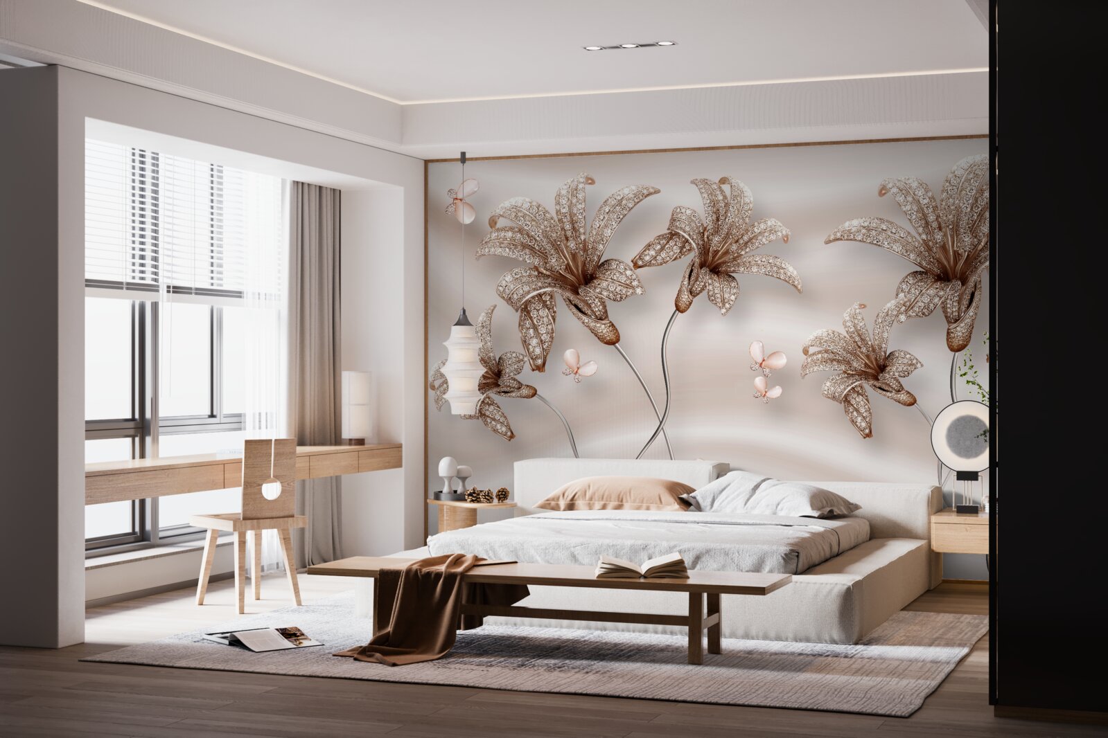 Papier peint fleurs de lys élégantes sur toile de soie