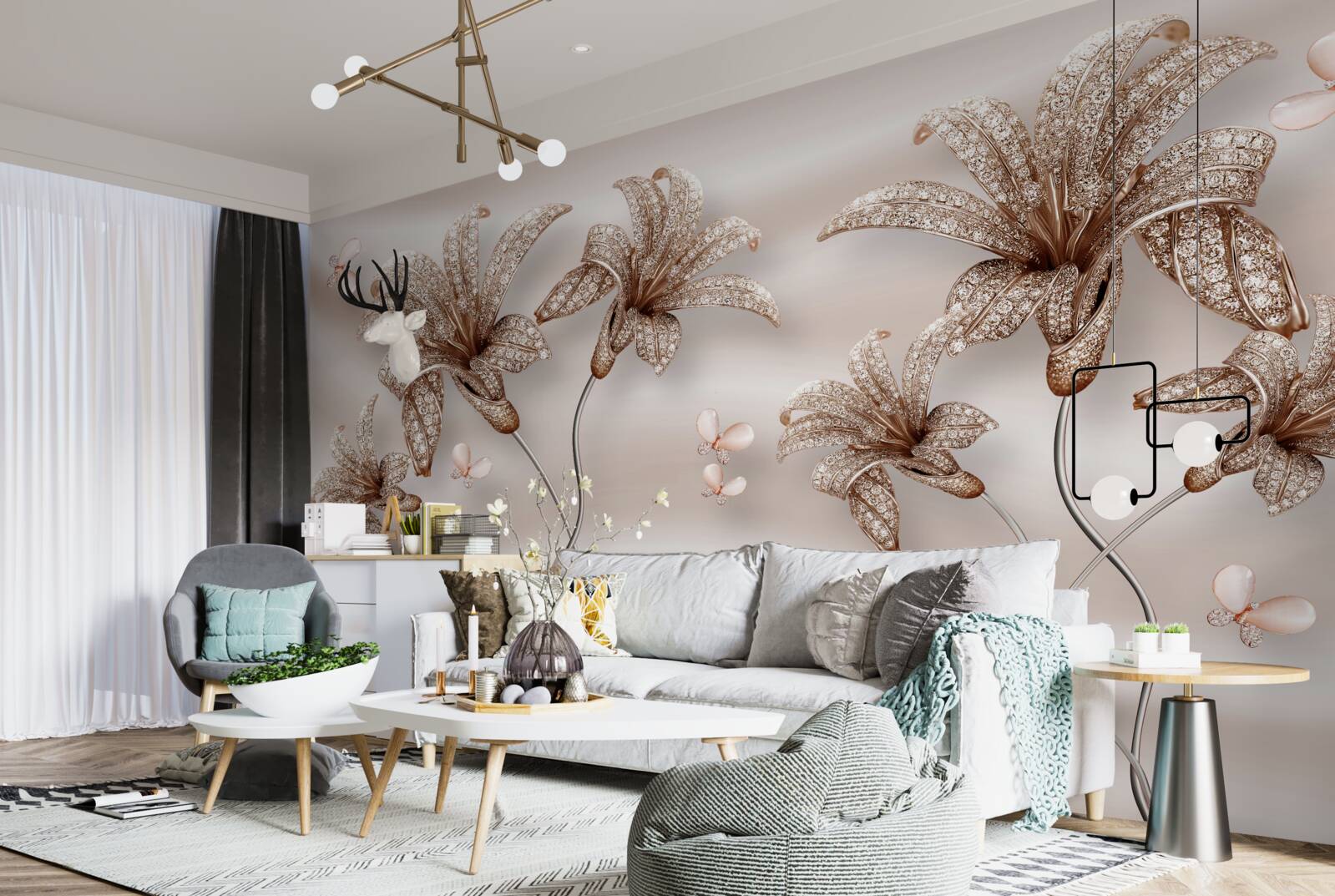 Papier peint fleurs de lys élégantes sur toile de soie