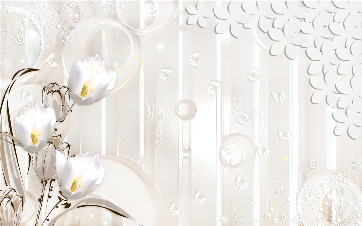 Papier peint de magnifiques tulipes blanches comme neige et des gouttelettes d'humidité