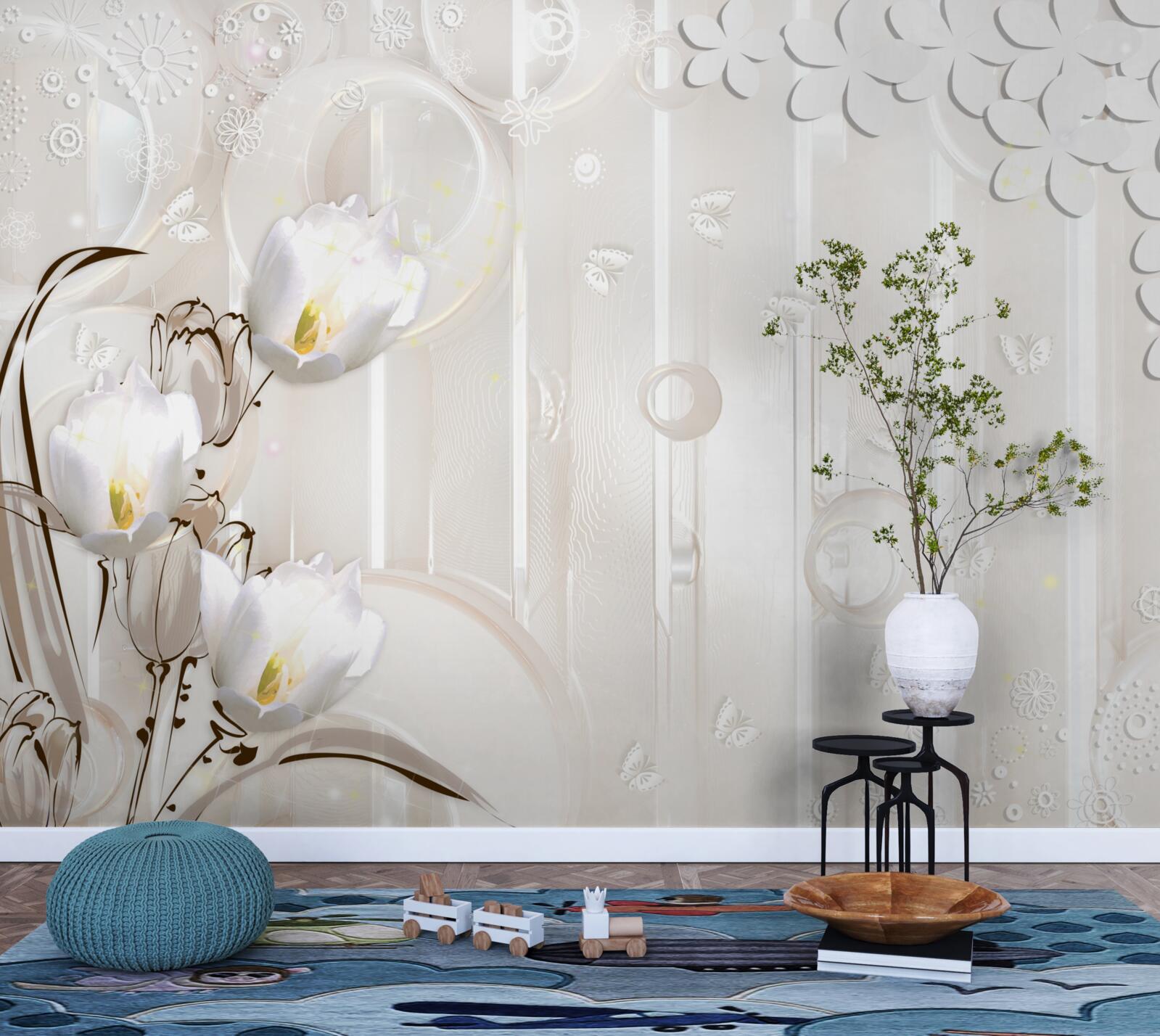 Papier peint de magnifiques tulipes blanches comme neige et des gouttelettes d'humidité