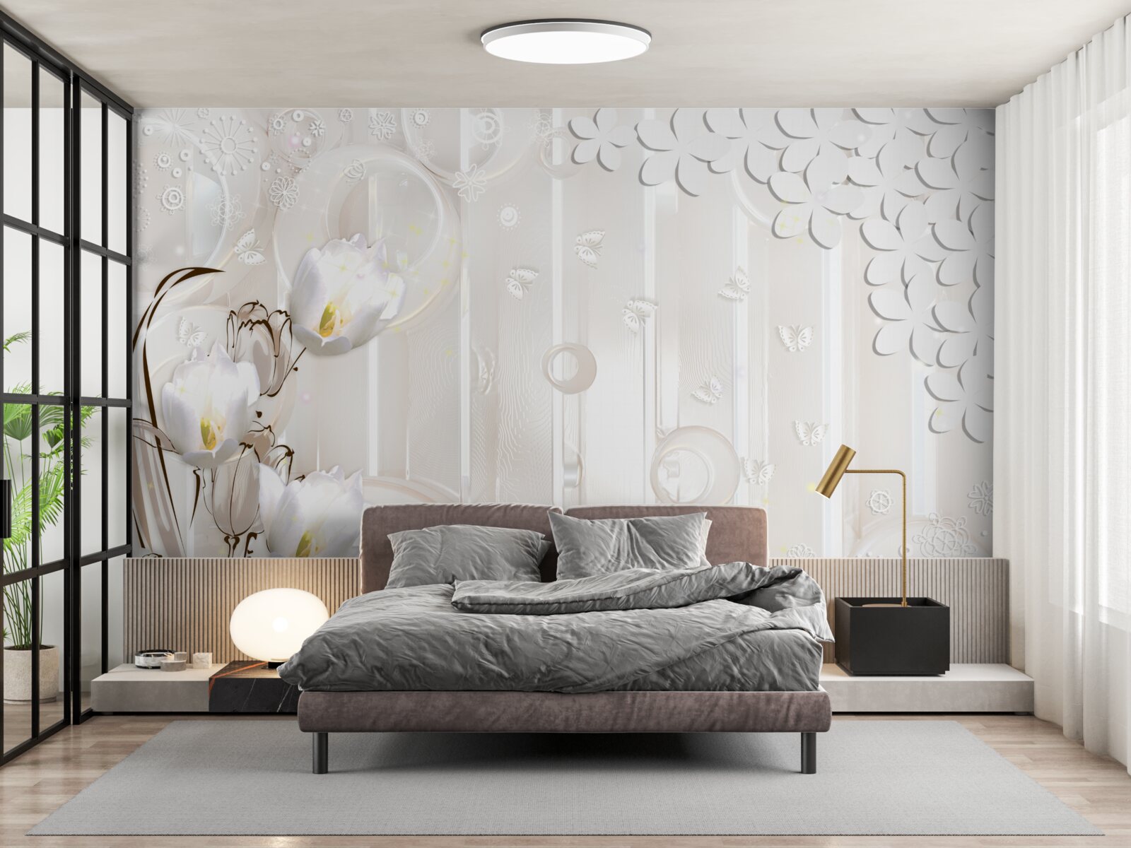 Papier peint de magnifiques tulipes blanches comme neige et des gouttelettes d'humidité