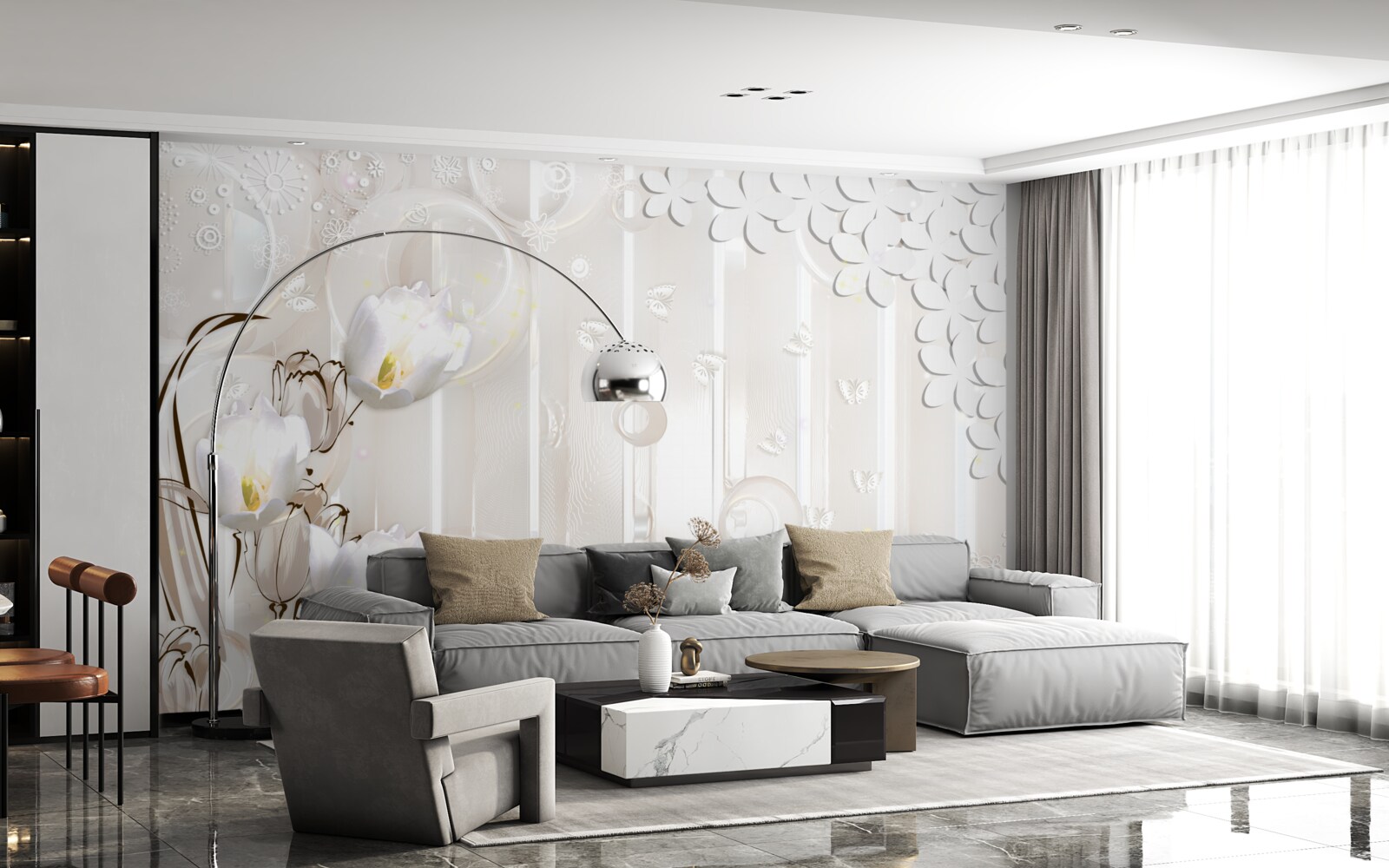 Papier peint de magnifiques tulipes blanches comme neige et des gouttelettes d'humidité