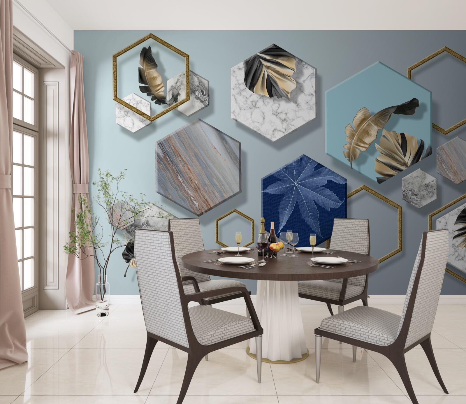 Papier peint des hexagones avec des contenus différents