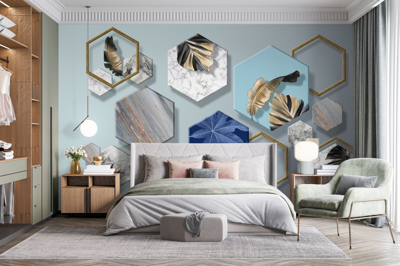 Papier peint des hexagones avec des contenus différents