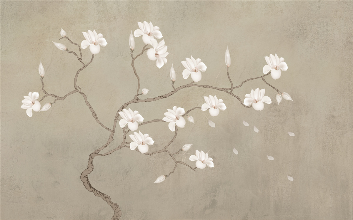 Papier peint dans la brume, un seul arbre aux fleurs blanches