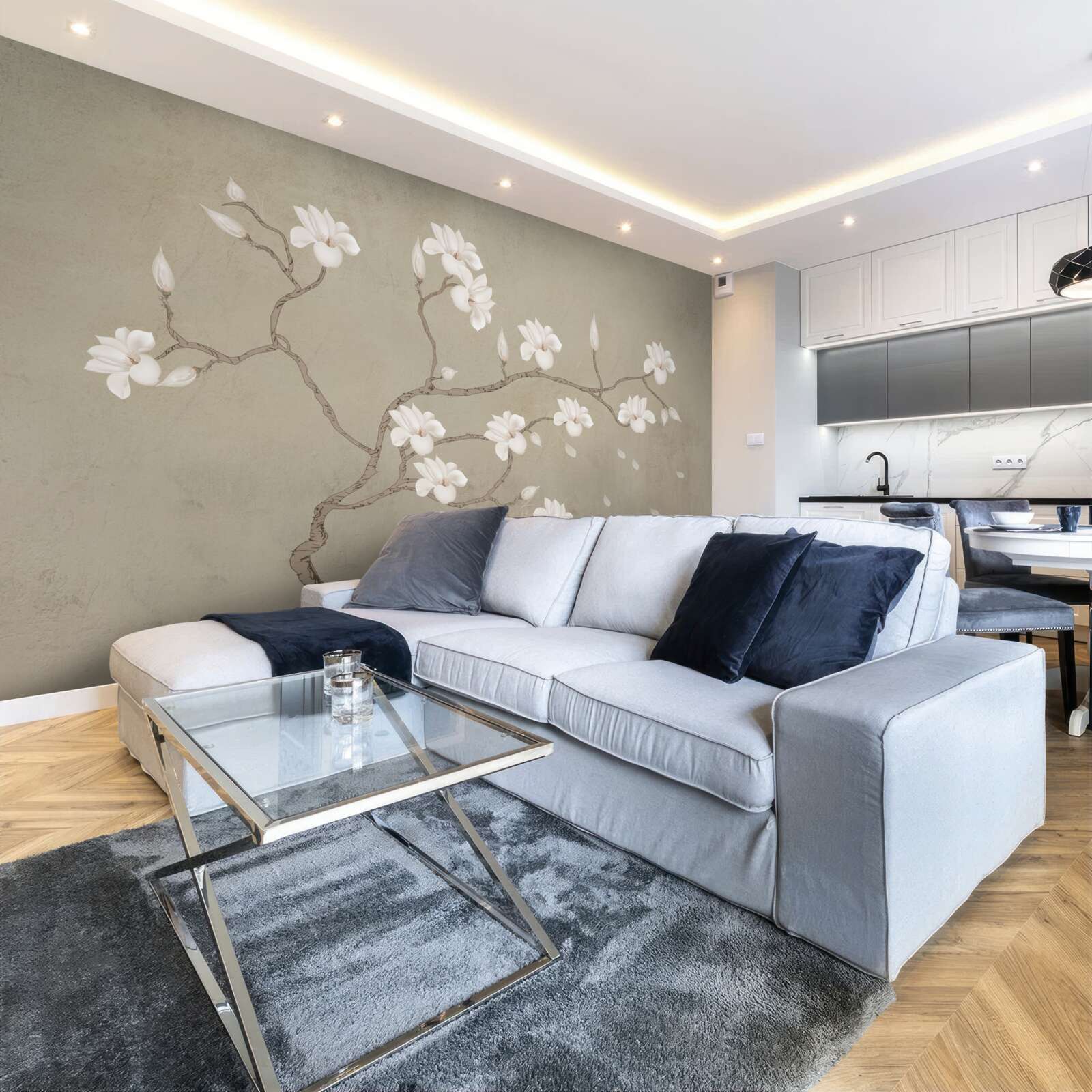 Papier peint dans la brume, un seul arbre aux fleurs blanches