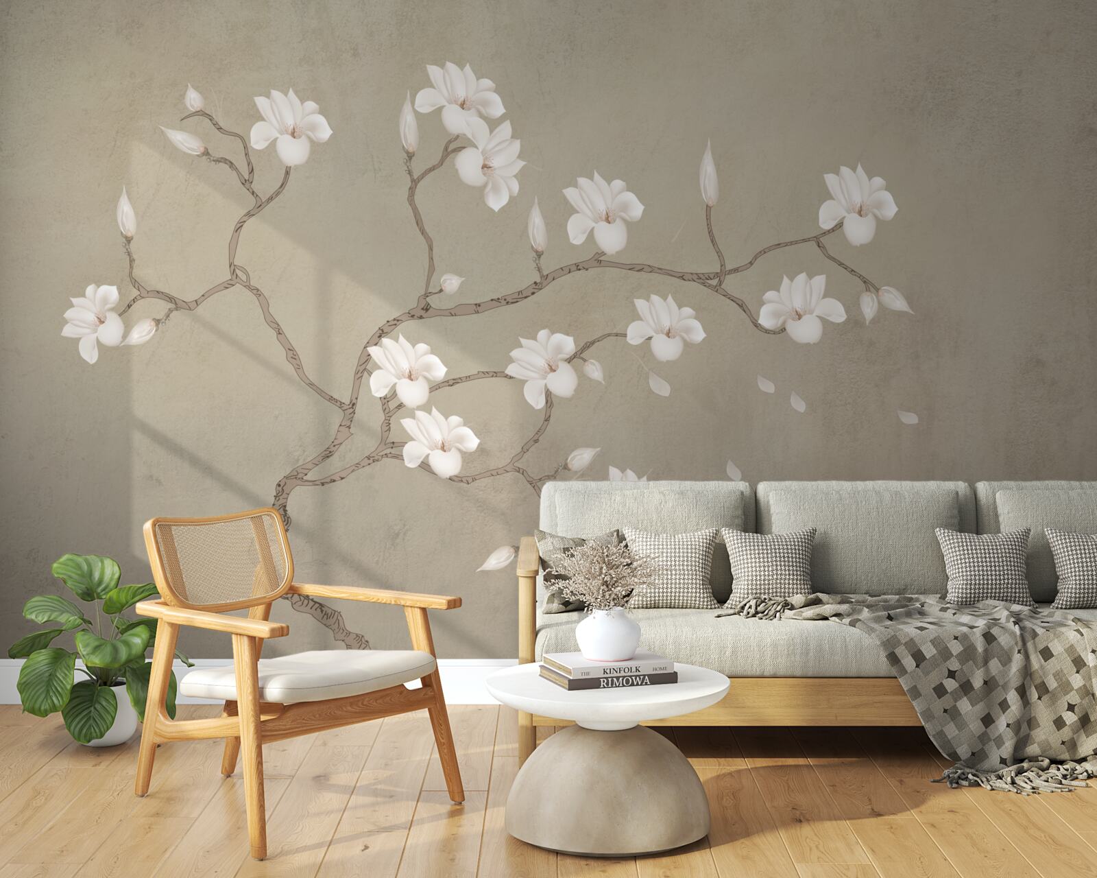 Papier peint dans la brume, un seul arbre aux fleurs blanches