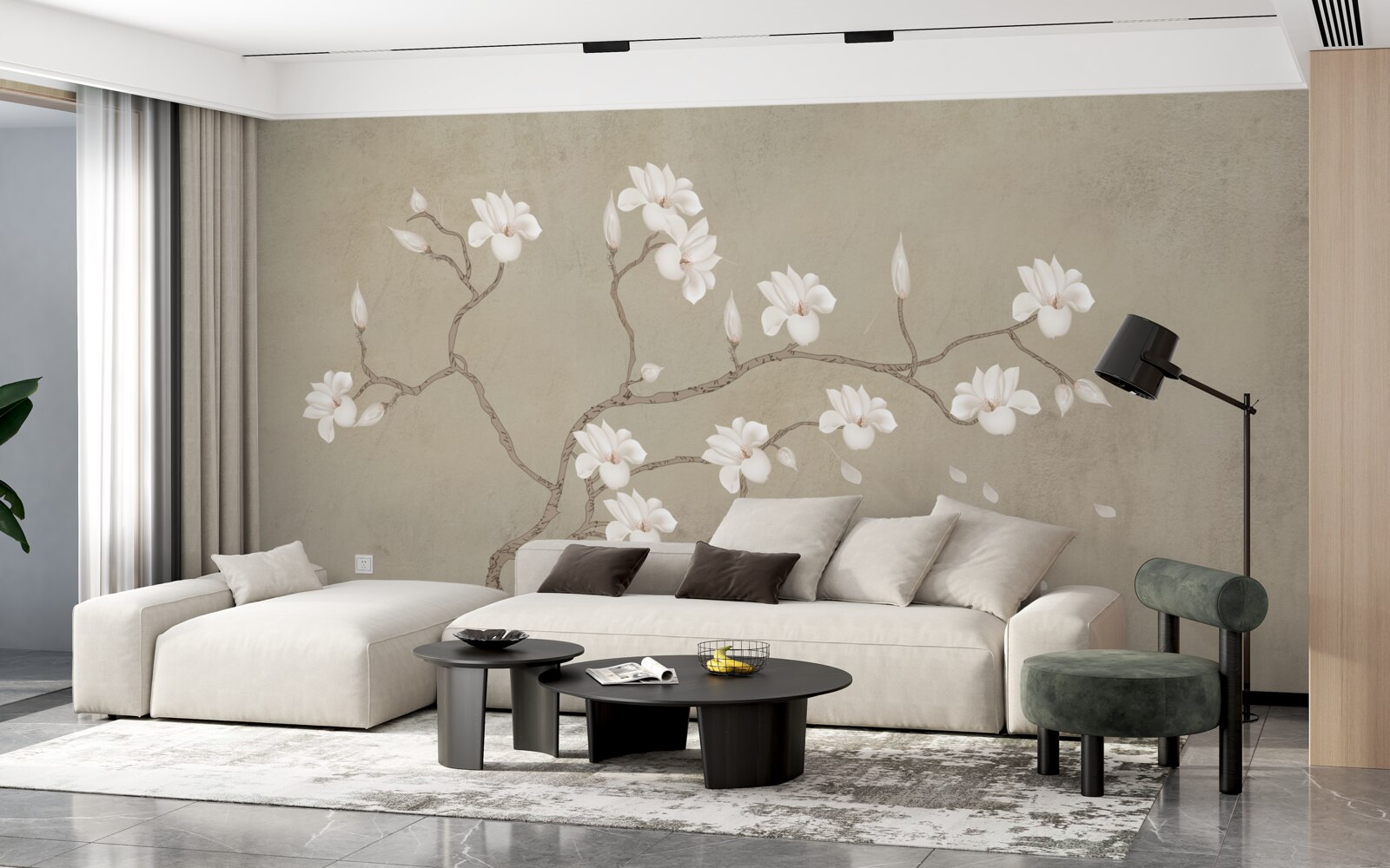 Papier peint dans la brume, un seul arbre aux fleurs blanches