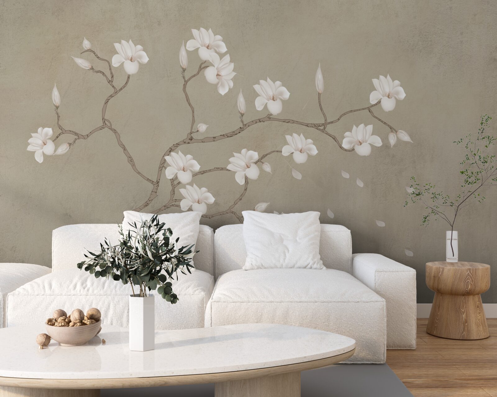 Papier peint dans la brume, un seul arbre aux fleurs blanches