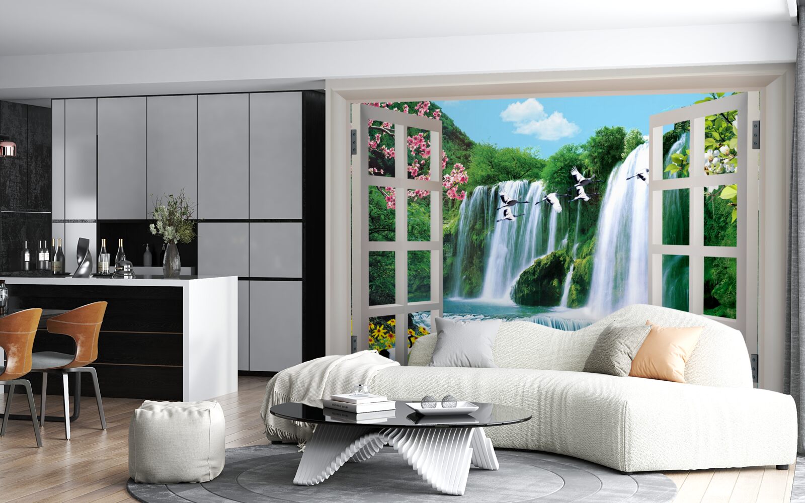 Papier peint vue de la fenêtre sur les cascades bruyantes