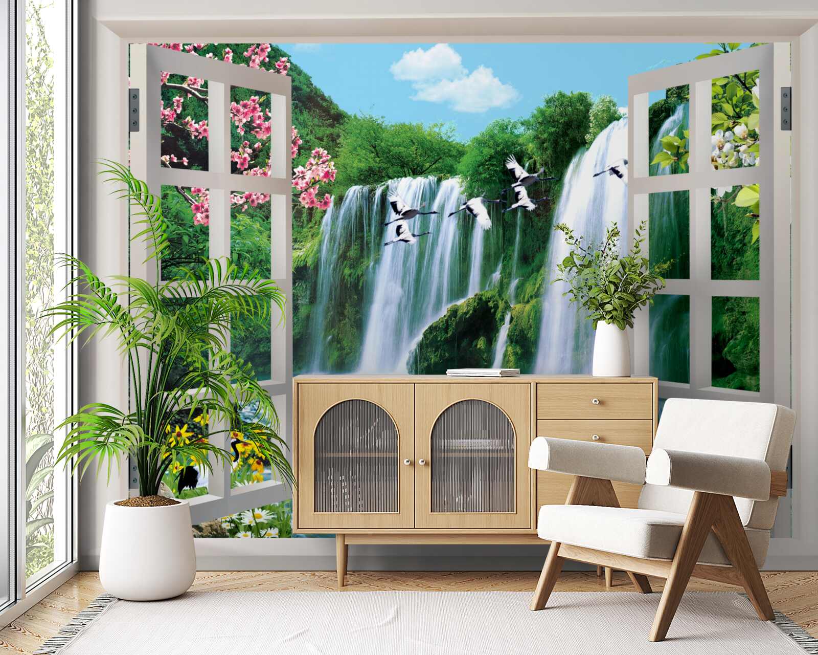 Papier peint vue de la fenêtre sur les cascades bruyantes