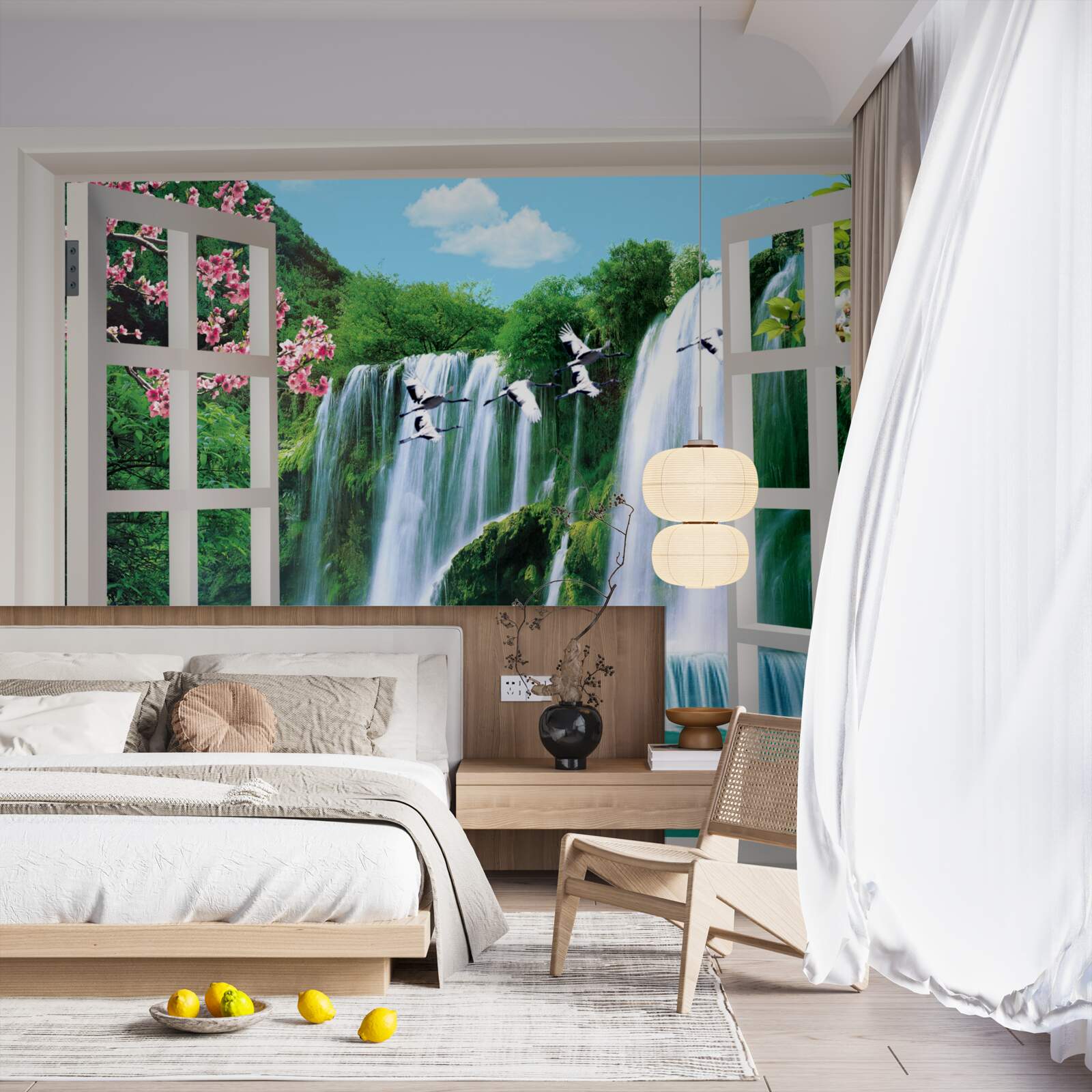 Papier peint vue de la fenêtre sur les cascades bruyantes